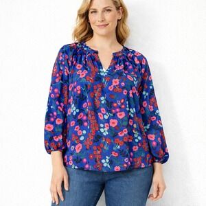 Crown & Ivy Floral Blouse Blue Pink Puff 3/4 Sleeve Women's Medium Boho Colorful